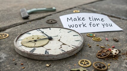 Vintage Clock with Gear Components and Motivational Message on Ground