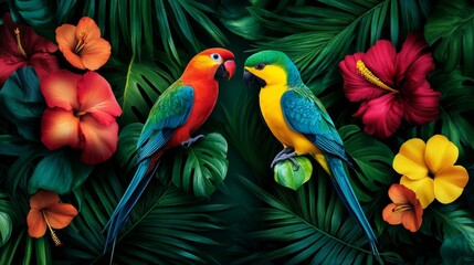 Obraz premium Tropical Birds and Hibiscus Flowers Vivid Parrot Artwork, Parrot, Hibiscus