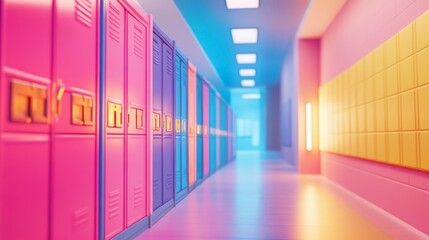 Colorful lockers line a bright school hallway.