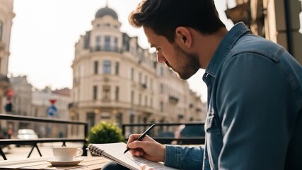 Man Sketching in Cafe with Coffee, Historic Buildings in Background