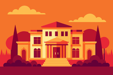 Obraz premium Stylized flat design of a grand building with columns and a portico under a warm orange sky with clouds