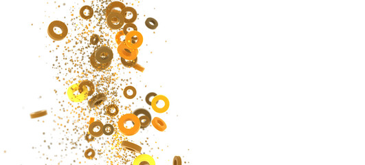Falling gold and orange rings on white. Abstract background, perfect for website banners, presentations, and more.