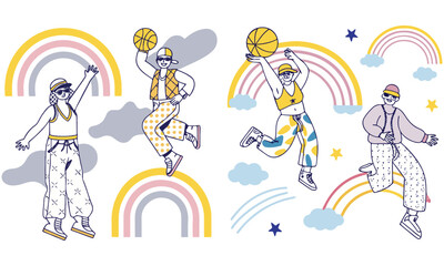 Colorful Urban Basketball Illustration Set – Funky Streetwear Style with Rainbows & Positive Vibes