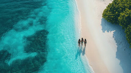friends exploring a tropical island with turquoise water and white sand beaches