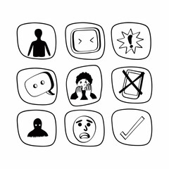 Vector icon set about social anxiety and emotional discomfort. Clean flat design with pastel colors. Editable 9-icon collection for mental health, introversion, fear of communication and isolation.