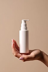 Woman's hand holding a white cosmetic tube. Skincare or beauty product mockups. Ideal for beauty branding, product advertisements, and mockup presentations