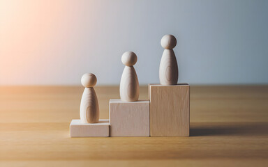 Wooden Figures Standing on Blocks Representing Growth and Success