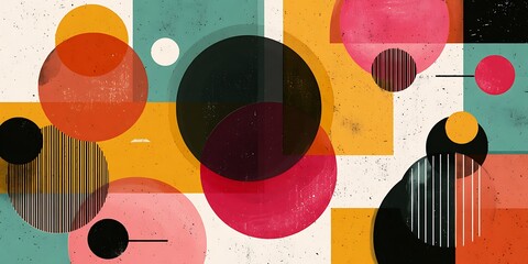 Vibrant abstract geometric design featuring circles and squares with a textured effect
