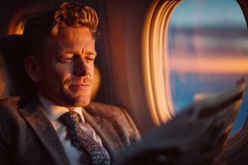 Businessman Reading Newspaper While Traveling on Airplane at Sunset