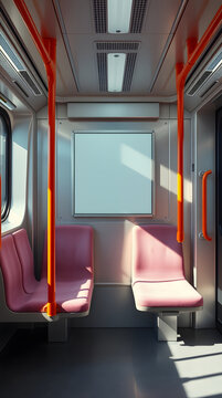 Interior of a modern subway train carriage with seats and handrails.