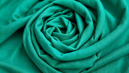"Green Fabric Rose Pattern, Soft Textile Folds in Spiral Shape, Abstract Fabric Texture Background"