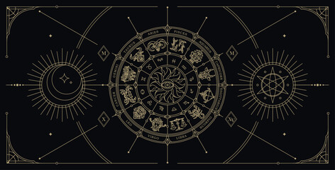 Zodiac wheel art illustration. Astrology Horoscope wheel circle with zodiac signs. Mystery and esoteric style vector illustration. Horoscope Witchcraft  calendar wheel chart vector . © Ramosh Artworks