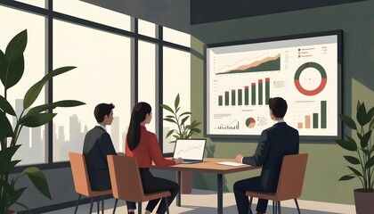 Business Team Analyzing Graphs and Charts in Modern Office Space