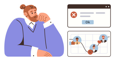 Man reflecting on problems alongside a popup error message and a relationship chart with emotional balance. Ideal for problem-solving, decision-making, emotional intelligence, troubleshooting