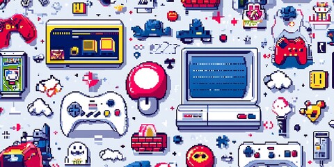 A vibrant pixel art collage celebrating retro video games and gaming culture