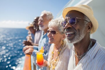 Seniors enjoying cruise with drinks and smiles