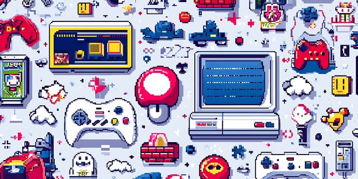 A vibrant pixel art collage celebrating retro video games and gaming culture