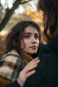 Pensive girl embraces her friend outdoors