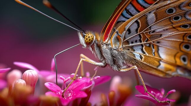 A zoomed-in image using a macro lens shows a butterfly drinking nectar from a flower.