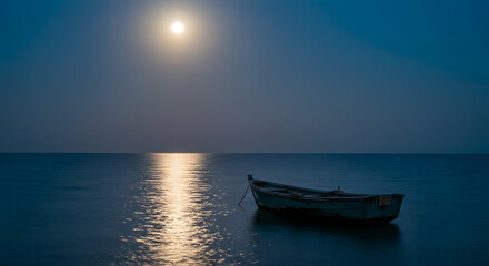 Naklejka premium Serene Moonlit Seascape with a Small Boat, Peaceful Night Ocean View