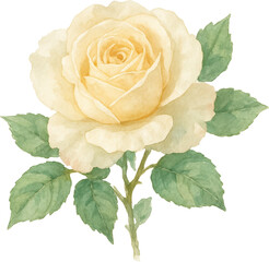 A watercolor painting of a single pale yellow rose with green leaves and stem