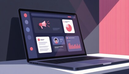 Modern Laptop Displaying Marketing Dashboard with Colorful Charts and Graphics