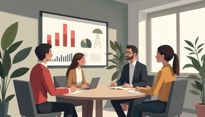 Business Team Collaborates on Project in Modern Office with Charts and Plants