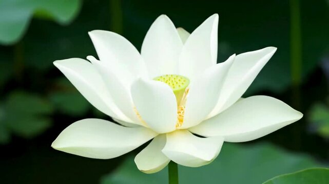 Time lapse of a white lotus flower blooming in the pond	
