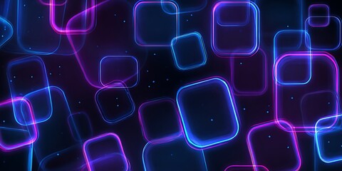 Glowing blue and purple rounded squares float in a dark abstract digital space