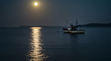 Obraz premium Serene night seascape with fishing boat illuminated by moonlight reflection