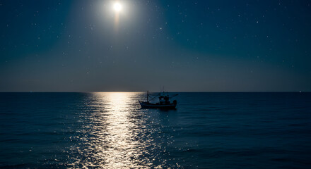 Night fishing boat on ocean at moonlit sea with shimmering water surface