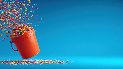Bright multicolored candies spilling from a tilted red bucket in motion against a clean blue background creating a playful and dynamic festive composition