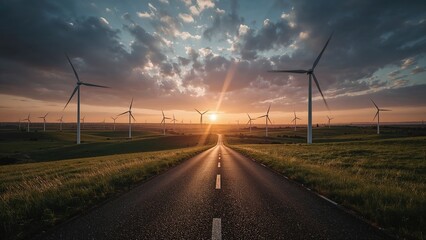 Road to Renewable Energy: Wind Turbines at Sunset with Dramatic Sky