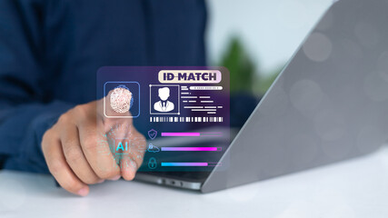 Close-up of a hand using fingerprint scan and AI identity verification on a virtual interface. Concept of digital ID authentication, cybersecurity, and personal data protection.