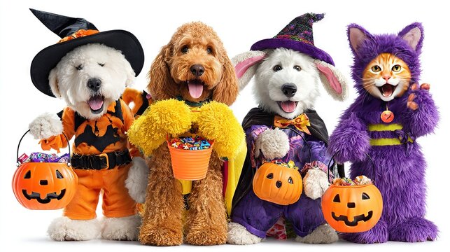 Group of adorable dogs and a cat dressed in colorful Halloween costumes holding pumpkin candy buckets posing together for a cheerful and festive celebration