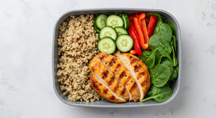 Balanced food plate containing protein, carbs and vegetables for healthy lifestyle
