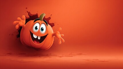 Excited cartoon pumpkin character with big expressive eyes bursting through a wall and smiling widely against a bright red‑orange background for Halloween