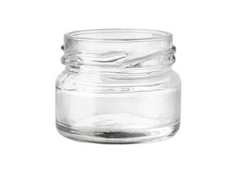 Empty glass jar with lid open on white background