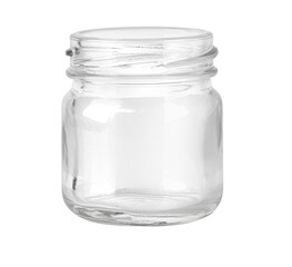 Empty glass jar with lid open on white background