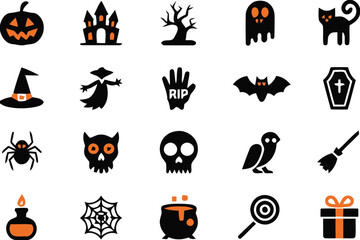 Collection of halloween icons featuring spooky symbols isolated on white background silhouette
