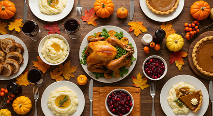 Thanksgiving table setting with roasted turkey, mashed potatoes, pumpkin pie, cranberry sauce, wine, and autumn leaves arranged on a wooden surface.
