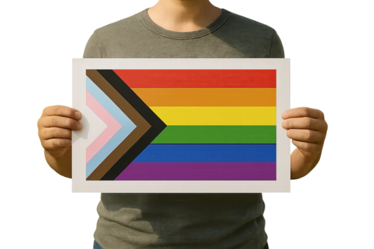 Man holding inclusive flag icon poster on transparent background