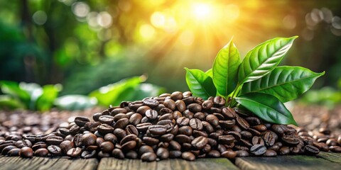 Obraz premium Aromatic Roasted Coffee Beans with Lush Green Leaves Basking in Sunlight on Rustic Wood