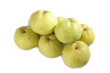 Fresh Dangshan White Crown Pears arranged on a white background perfect for culinary presentation or healthy snacking