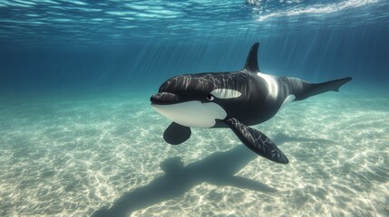 Obraz premium Orca swimming underwater in shallow water.