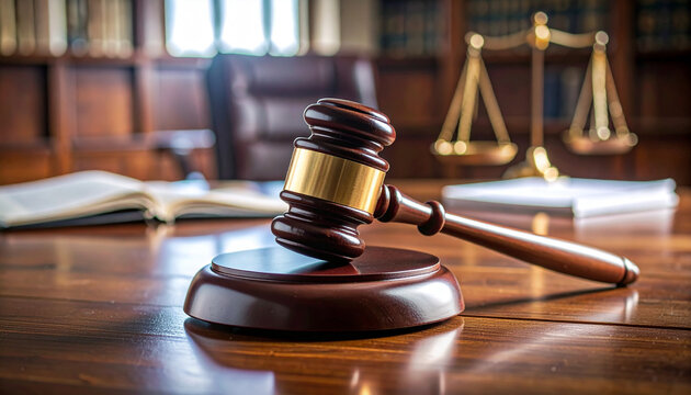 Judge's gavel resting on a polished courtroom table - Powered by Adobe