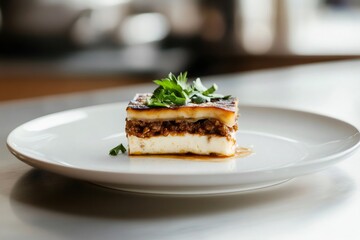 Close up of delicious lasagna bolognese showcasing layers of pasta, meat sauce, and bechamel, garnished with fresh parsley on a white plate
