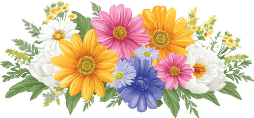 Colorful Floral Arrangement with Daisies and Greenery on White Background