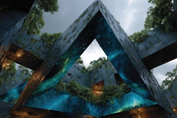 Architecture design Alien megastructure architecture design impossible geometry iridescent materials floating fragments surreal sci-fi landscape