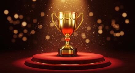 Golden Trophy on Red Carpet: A captivating shot of a golden trophy standing on a red carpeted stage, spotlighted amidst a blurred, glittering backdrop. The trophy's design is classical.